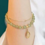 2026Chinese Style Green Jade Bracelet For Women Exquisite Gold Color Leaves Wrist Strap Bangle Double Chain Bracelet Girls Gifts - Image 2